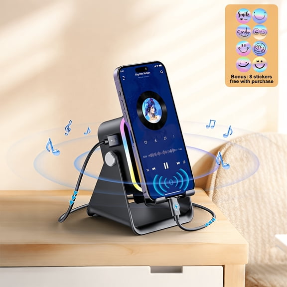 Wireless Induction Audio Speaker Stand, 5In1 Cellphone Holder, Rechargeable Emergency Power Bank, Induction Speaker, 360 Degree Adjustable Mobile Tablet Stand with Colorful Ambient Light
