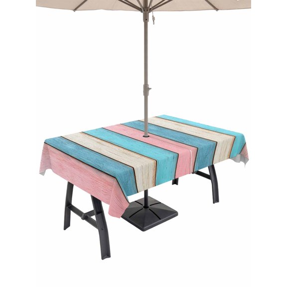 Outdoor Tablecloth with Umbrella Hole for Patio/Picnic/Party/Camping, Blue Pink Wooden Grain Waterproof Table Cloth Rectangle Table Cover Washable, Farmhouse Vintage Country Textured (60"x 120")