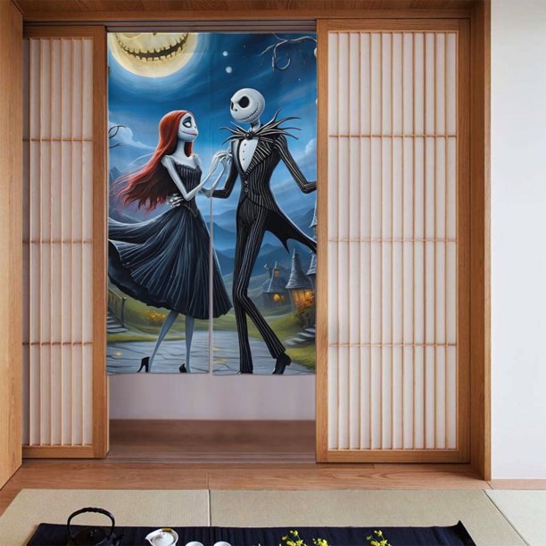 Cortina de puerta semiopaca con patrón de patchwork de dos piezas de Pesadilla antes de Navidad, cortinas opacas decorativas para dormitorio, sala de estar, decoración de habitación de niños, 34 x 56