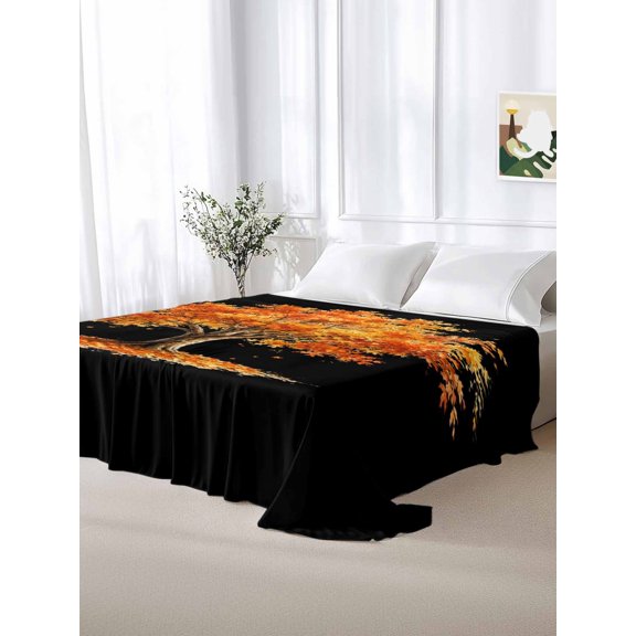 California King Size Flat Sheet Only,Thanksgiving Day Maple Tree Soft Top Bed Sheets Breathable Bedding Sheet Fall Leaves on Black Microfiber Hotel Luxury Top Sheets