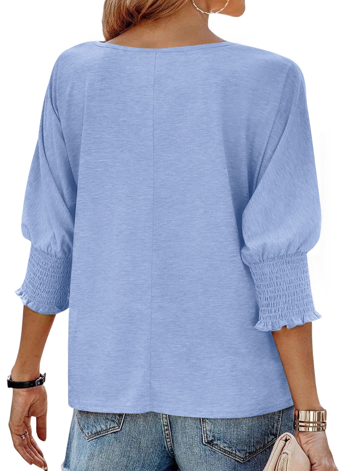 UVN Crewneck Blouse for Women Summer 3/4 Sleeve T-Shirts Casual Tees Ladies Loose Tops