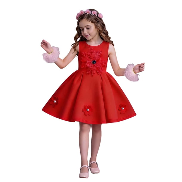 Vestido de Cumpleaños para Niñas Color Sólido sin Mangas Correa de Hombro Vestido de Princesa para Niñas Falda Plisada de Moda