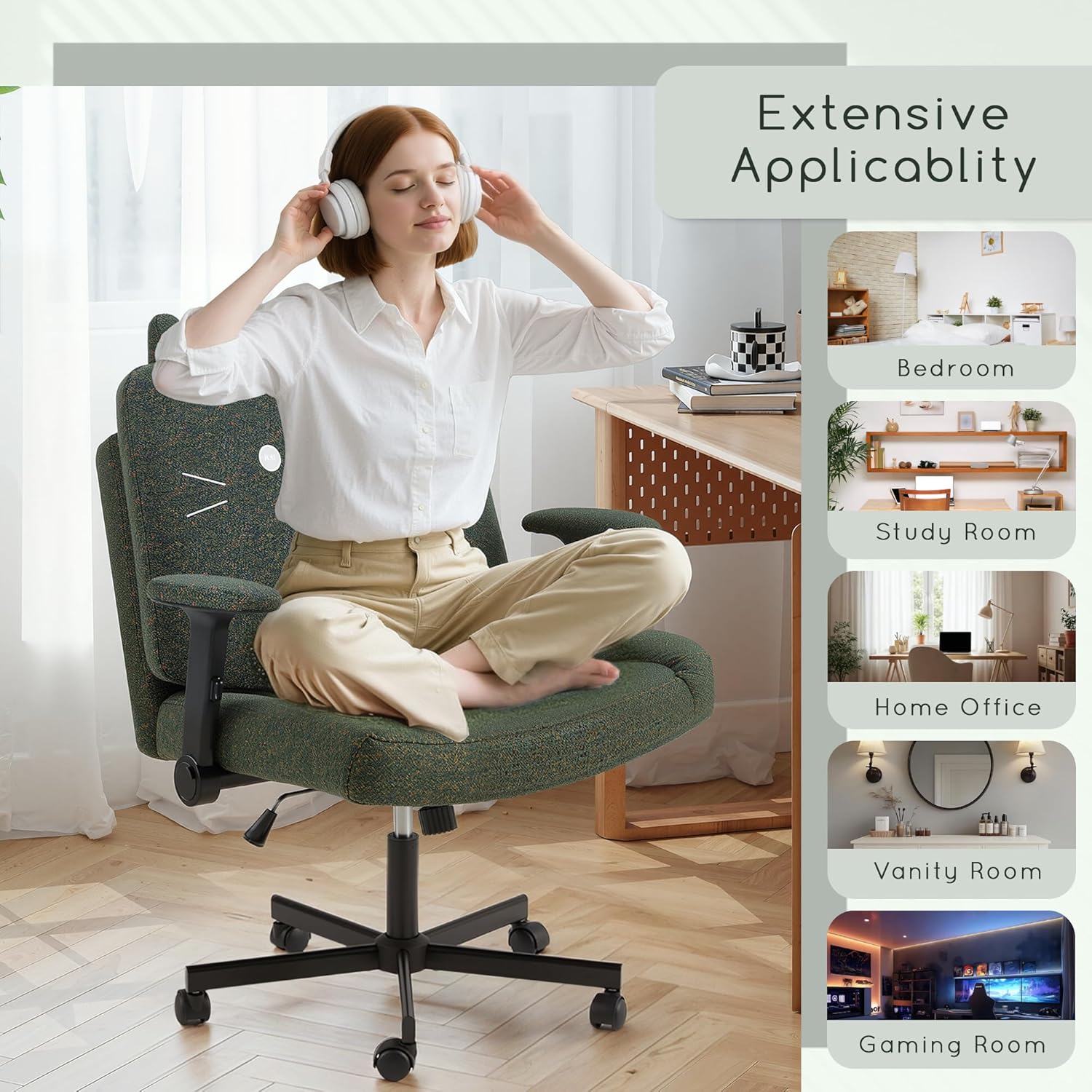 Vicluke Criss Cross Chair with Wheels, Oversized Office Chair Featuring Extra-Wide Seat & Adjustable Backrest for Home Office, Cute & Comfortable Chair for Dressing, Gaming, Reading(Green)