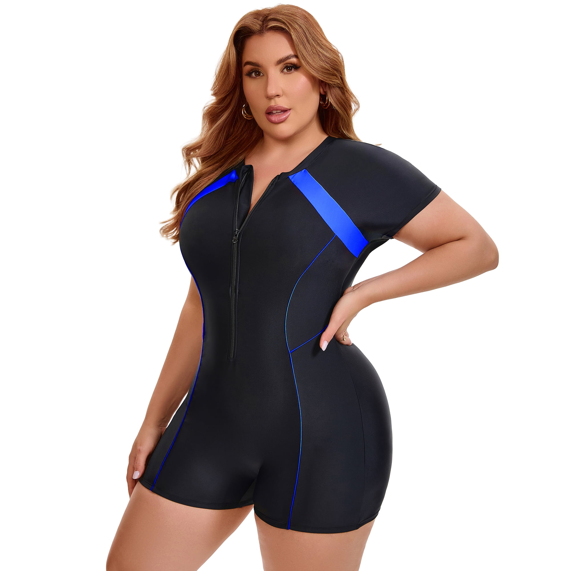 DARING DIVA Women's Plus 1 Piece Surfing with Short Swimwear 4X Black Blue