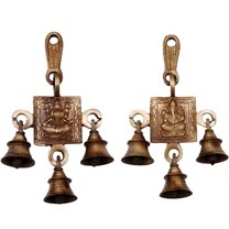 Ashopi Decor 3 Bells Brass Hanging Hindu God Ganesha and Goddess Laxmi Ji Statue Engraved for Luck Home Temple Use - Ganesha Laxmi Statue Hindu Idols Figure with Han