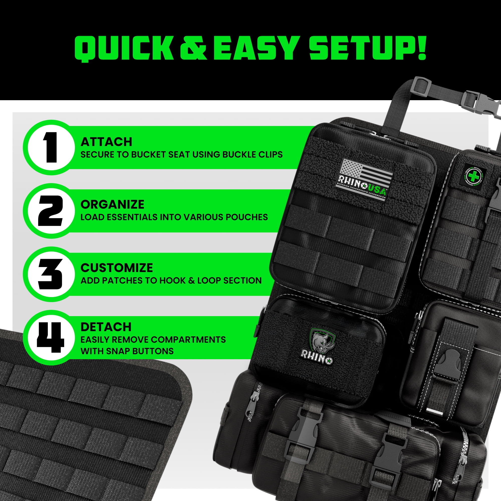 Rhino USA Tactical Car Seat Organizer w/ Multiple Pockets & Car Accessories for SUV, Truck, Car (Black)