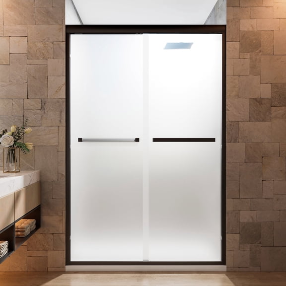 KPUY 44" - 48" x 72" Framed Double Sliding Shower Door with 1/4" Frosted Tempered Glass, Nano Self-Cleaning Coating, Matte Black