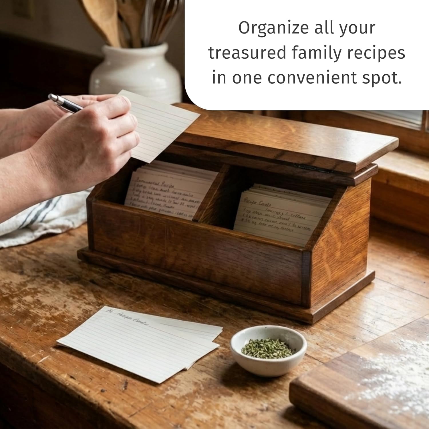 DutchCrafters Solid Quarter Sawn Oak Wood Double Recipe Card Holder for Baking, Cooking - Kitchen Decor & Organization Box, Holds 4x6 or 3x5 Cards - Amish Made in USA