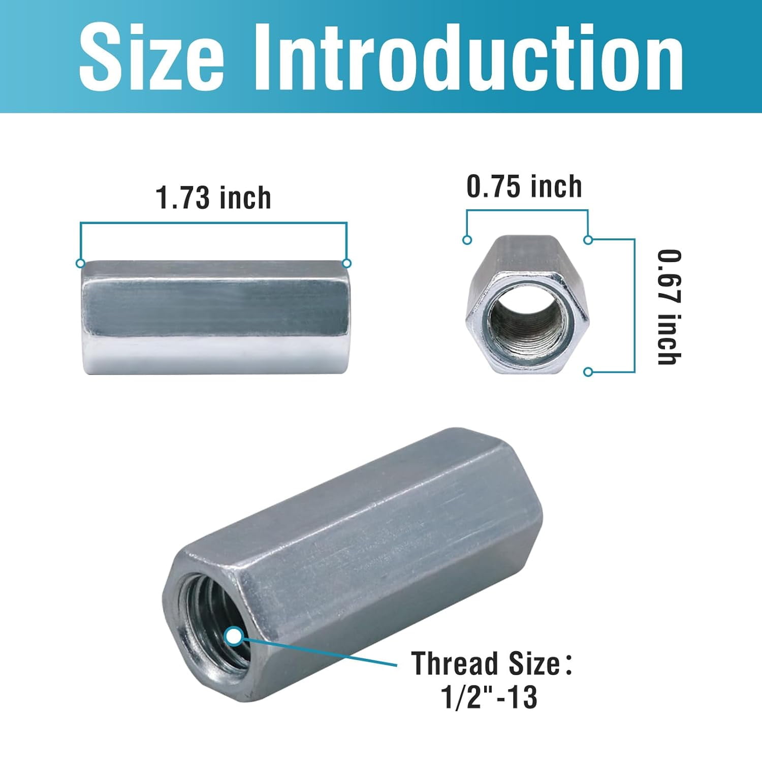 1/2”-13 Coupling Nuts, 1.73" Length UNC Coarse Threaded Hex Fastener for Rods and Studs, Zinc Plated Carbon Steel Connector, 10PCS
