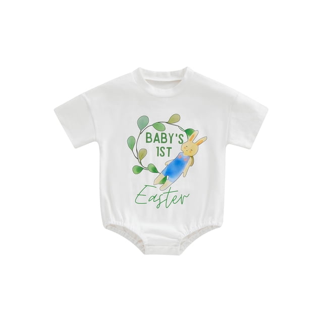 Faithtur Barboteuse de Pâques pour Bébé, Imprimé Lettre Rabbit, Manches Courtes, Col Rond, pour Garçons et Filles, 0-18 Mois