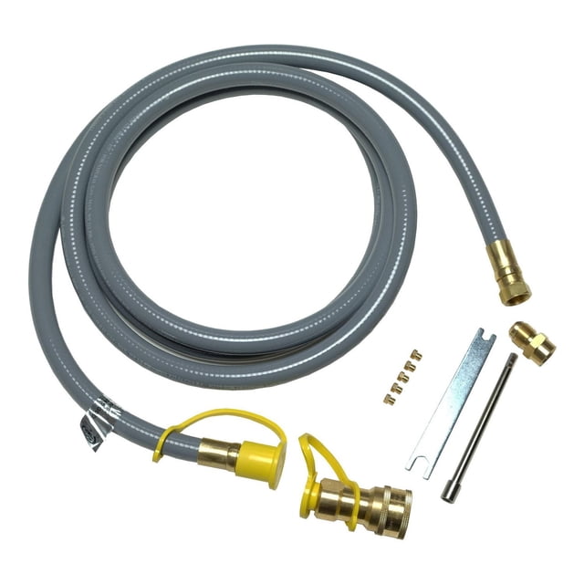 Kenmore natural gas conversion kit with flexible hose, brass fittings, and installation tools for 4-burner stove plus regular side burner.