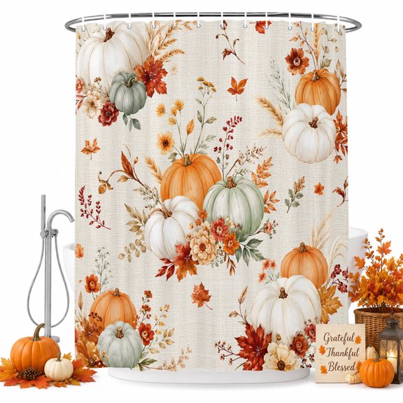 Shower Curtains for Bathroom-36"x72",Thanksgiving Pumpkin Floral Waterproof Bath Curtain Grommet Shower Curtain Set with Hooks