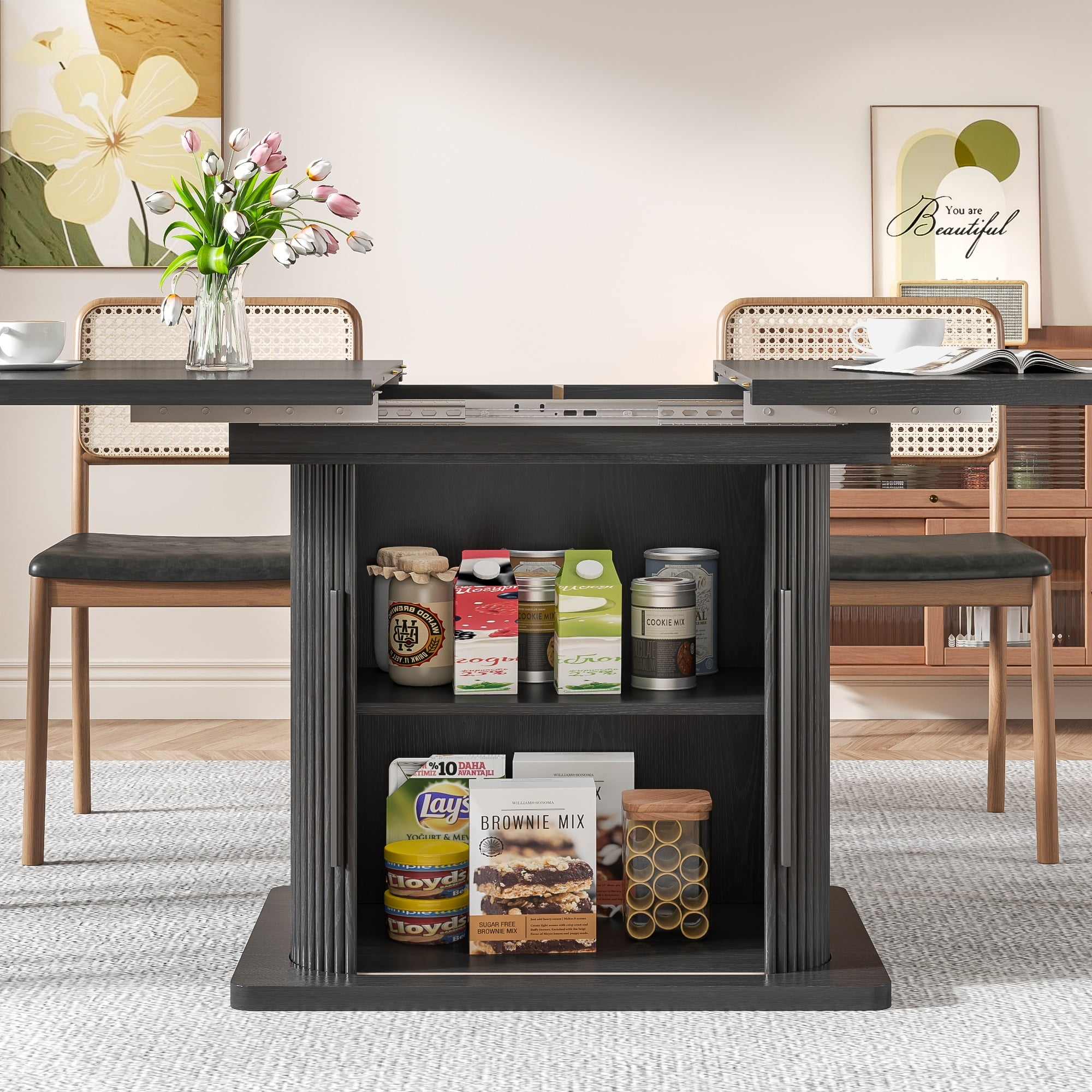 Extendable Dining Table, Rectangle Kitchen Table with Storage Shelf, Modern Dining Room Table, Living Room, Office, Black