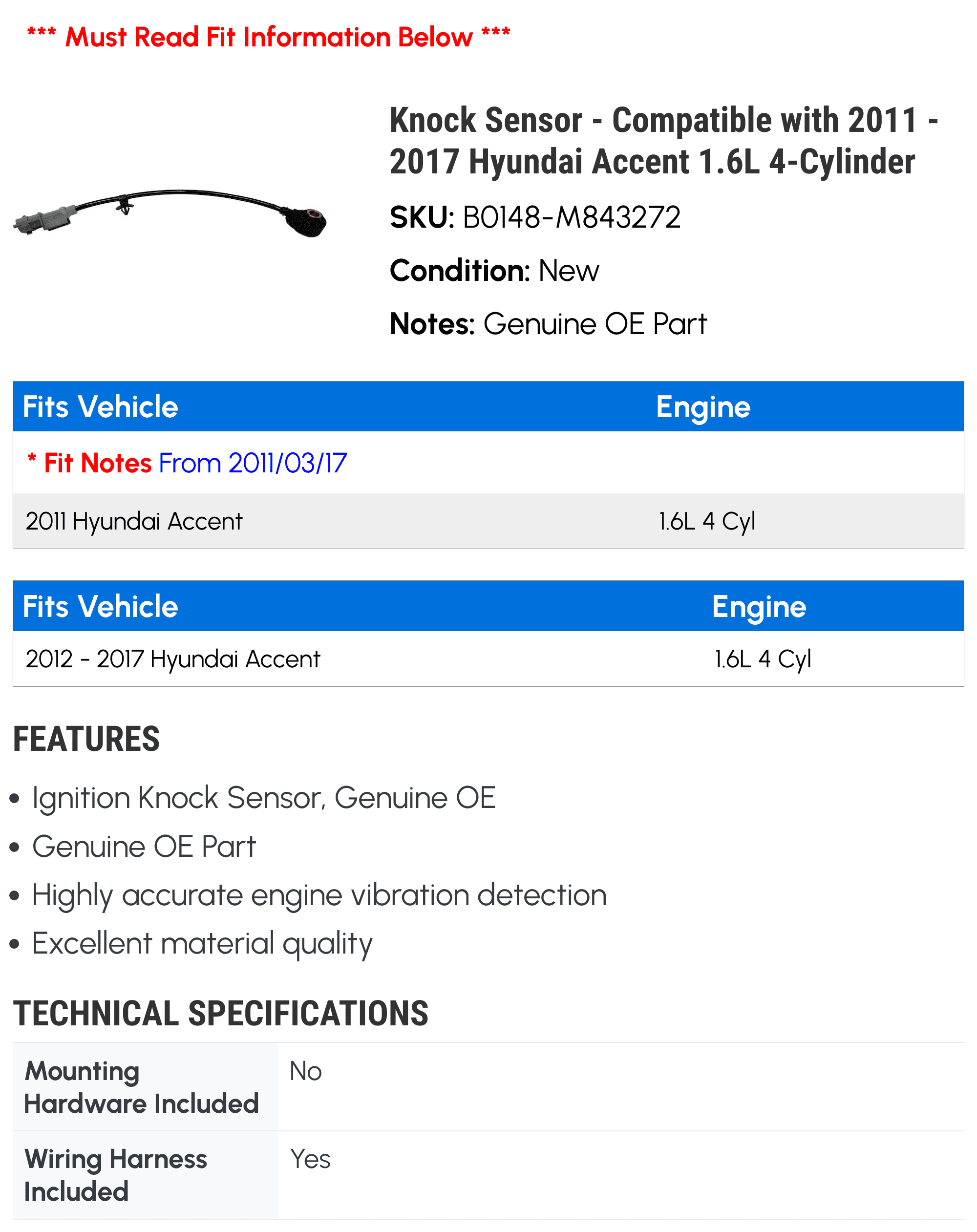 Knock Sensor - Compatible with 2011 - 2017 Hyundai Accent 1.6L 4-Cylinder 2012 2013 2014 2015 2016