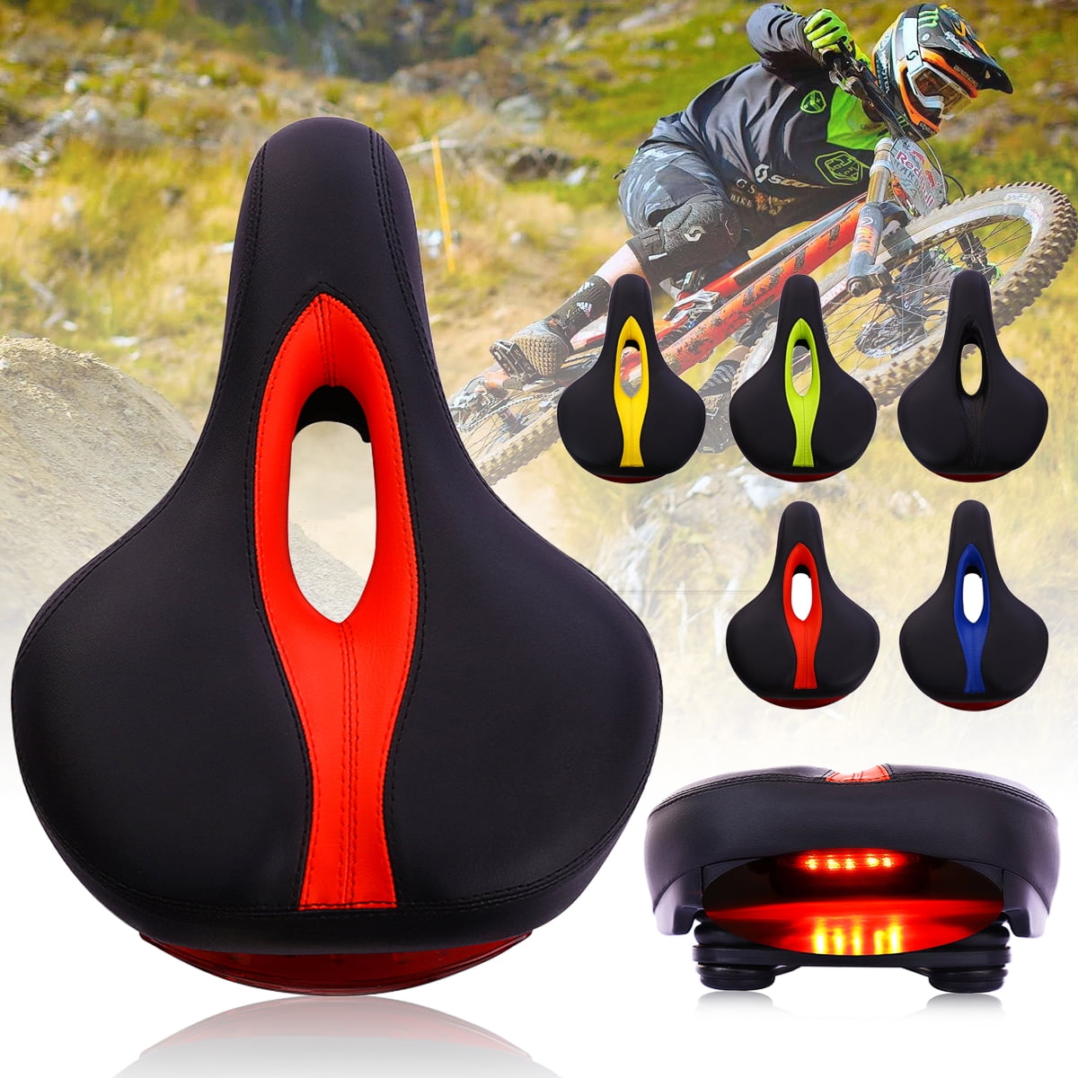 LED Rear Tail Light Comfortable Wide Big Bum Bike Bicyle Pad Saddle Soft Seat