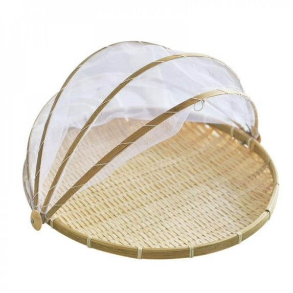 Hand-Woven Bamboo Food Serving Tent Basket Tray Fruit Vegetable Bread Storage Basket Serving Food Outdoor Picnic Mesh Net Cover