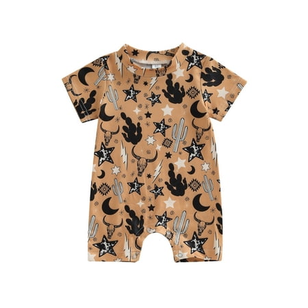 

jaweiwi Baby Toddler Boys Western Jumpsuit 0 6M 12M 18M 24M Short Sleeve Crew Neck Bull Head/Cactus Print Summer Romper Clothes for Casual Daily