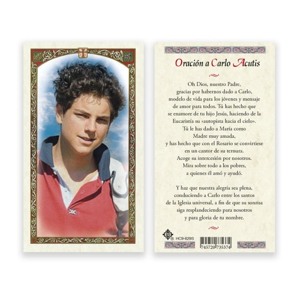 Blessed Carlo Acutis Prayer Card  in Spanish | Patron Saint of The Internet | Laminated 2-Sided Holy Cards | Great Catholic Gift for First Communion - Pack of 25