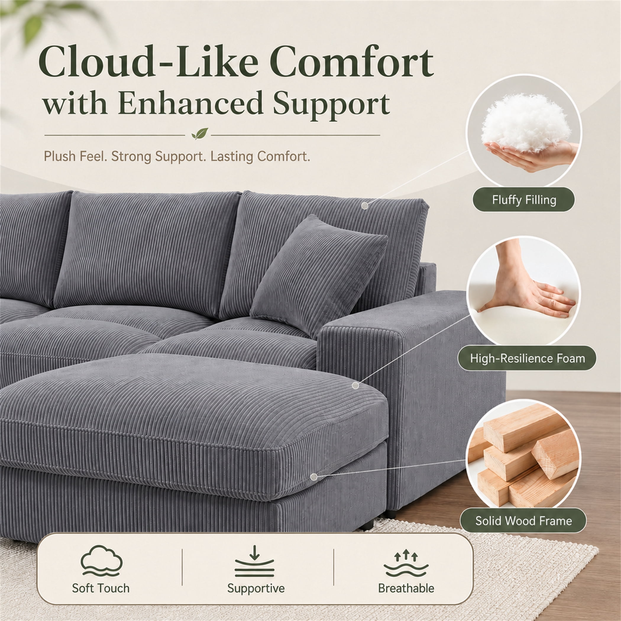 Aukfa 135" Oversized U shape Sectional Couch Modular Sofa for Living Room, 2 Ottoman&Pillows, 25" Deep Seat, Corduroy, Dark Gray