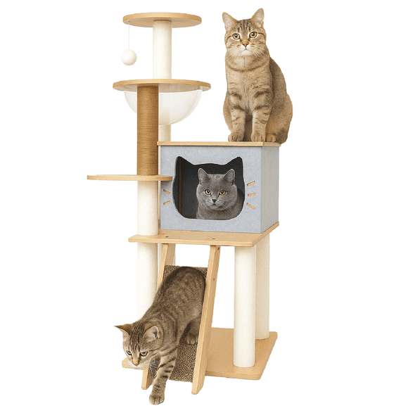 Mueble Rascador Para Gato Poli Pets Burmes Gris Con Plataforma, Poste De Sisal Y Base Reforzada
