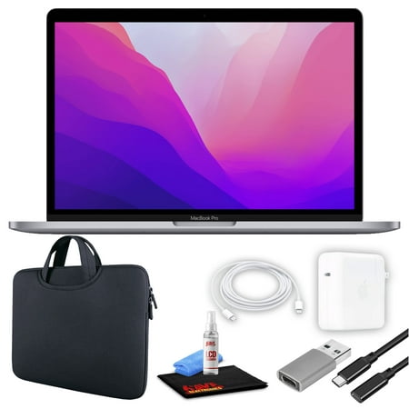Apple MacBook Pro 13" Laptop (M2 Chip, 8-Core CPU, 8GB RAM) (Mid 2022, 256GB SSD, Space Gray) (MNEH3LL/A) Bundle with Black Zipper Sleeve, USB-C Extension Cable, and Screen Cleaning Kit