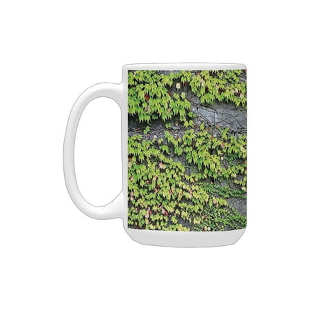 

Rustic Home Decor Brick Wall with Growing Creeper Plants Leafs Natural Beauty Illustration Green Gre Ceramic Mug (15 OZ) (Made In USA)