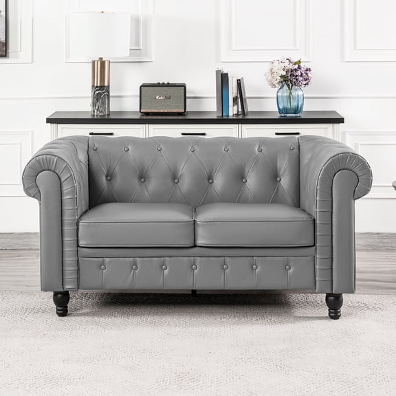 Naomi Home Chesterfield Sofa Set Living Room Chair Juegos Leather Couch Sofa Chair for Bedroom Modern Chesterfield Tufted Leather Chair Leather Sofas for Living Room (3 Piece Sofa Set)-Color:Gray,Fabr
