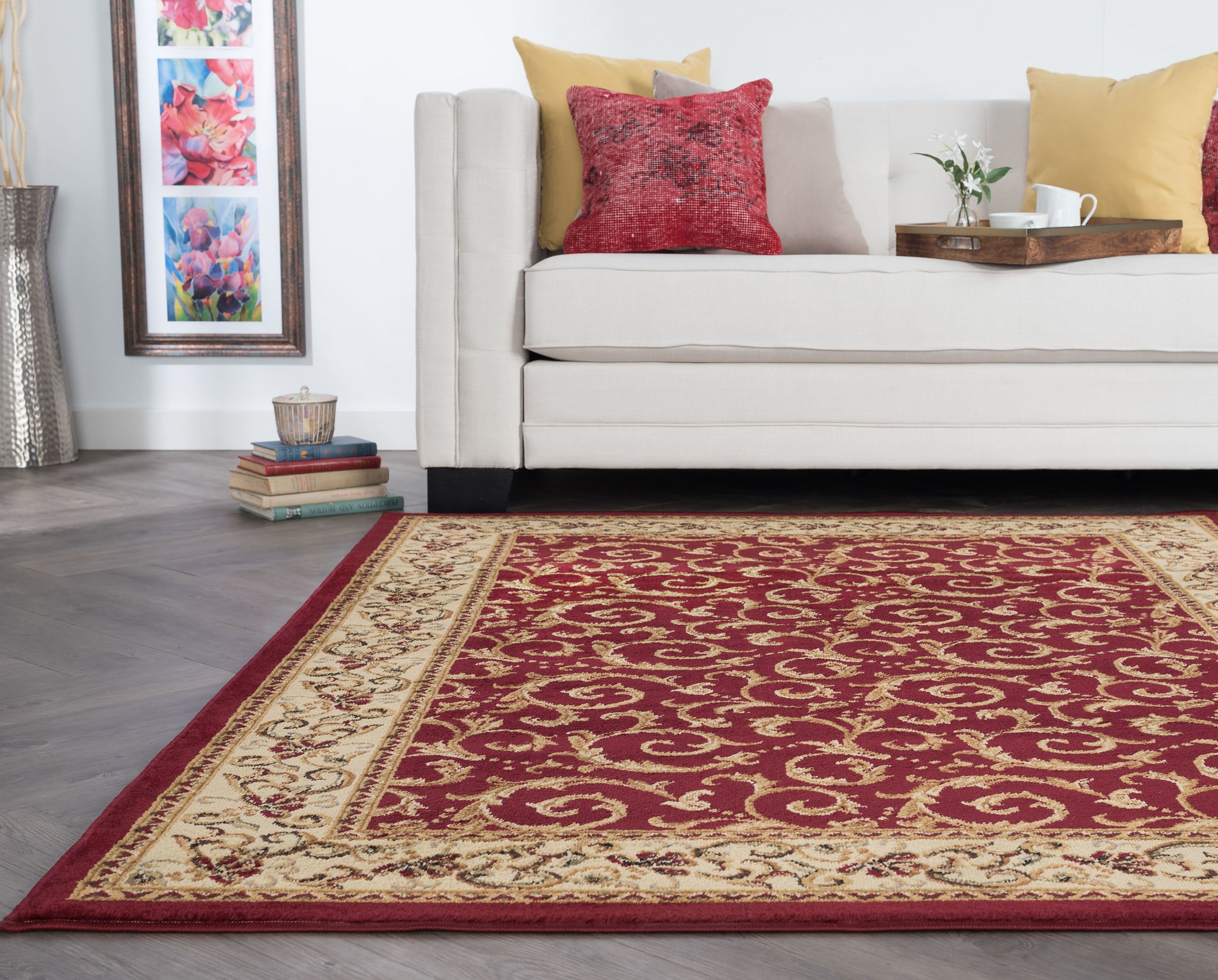 Transitional 9x13 Area Rug (8'9'' x 12'3'') Oriental Red, Beige Living Room Easy to Clean