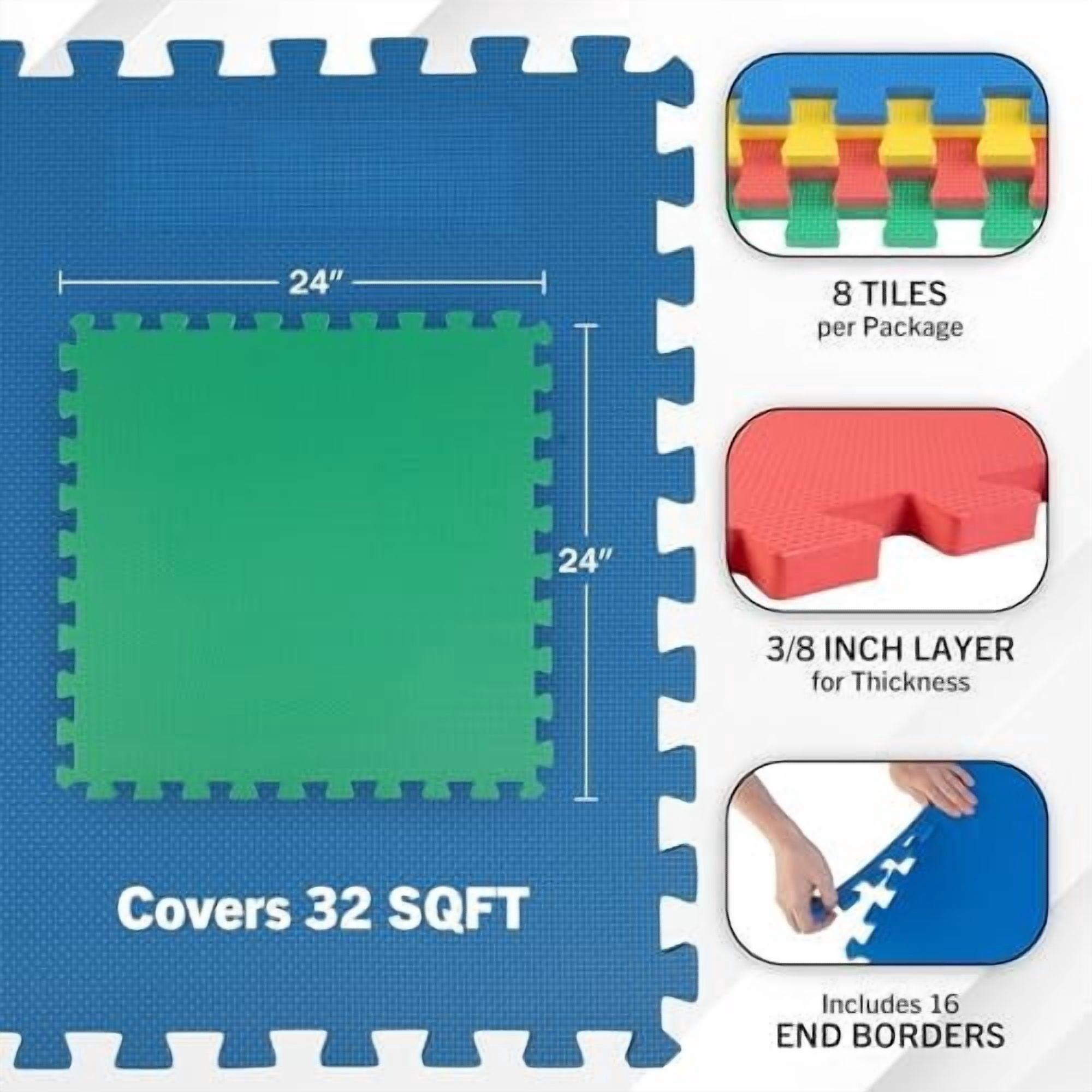 EVA Foam Mat Tiles 8-Pack - 32 SQ FT Interlocking Padding for Playroom or Gym Flooring - Workout Mat or Baby Playmat by  (Multicolor)