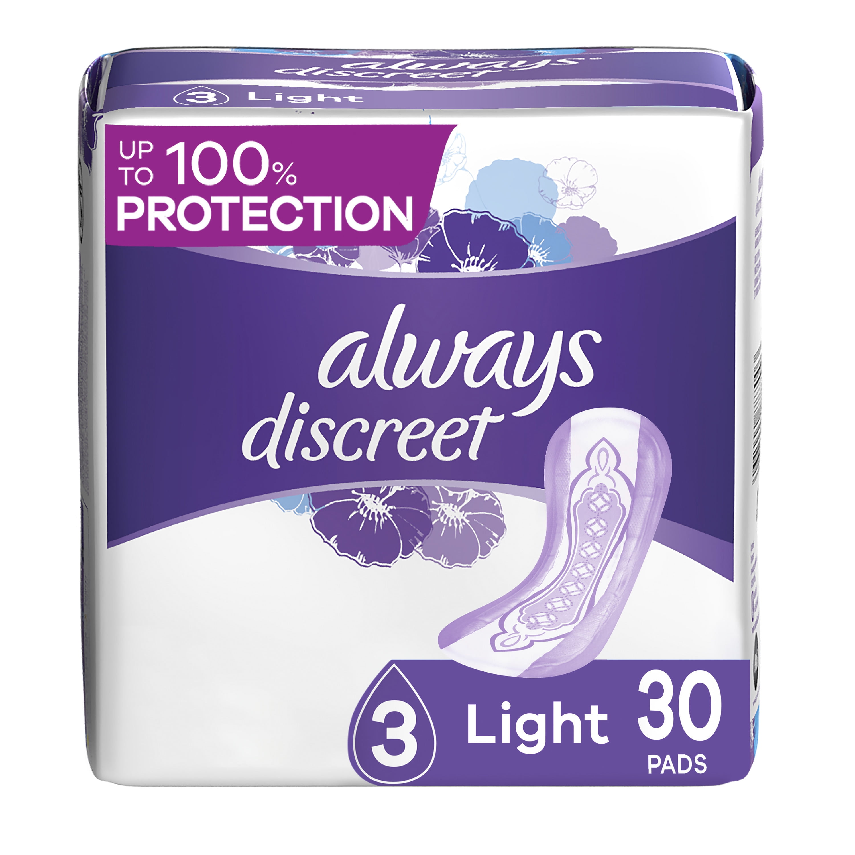 Always Discreet Incontinence Pads for Women, Light, 30 Count