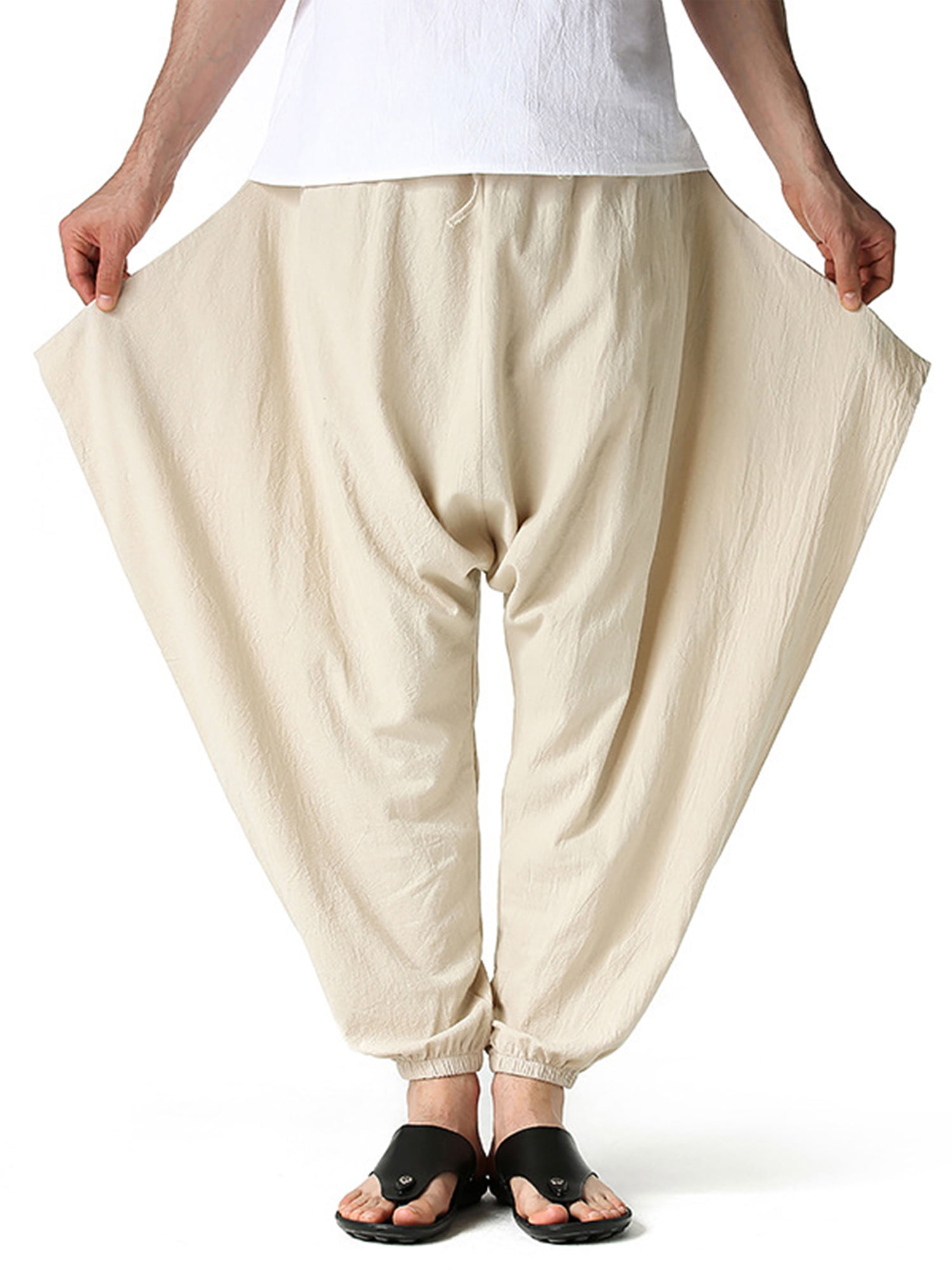 Men's Linen Baggy Hippie Boho Yoga Harem Pants African Pattern Print Drop Crotch Jogger Street Dance Pant 