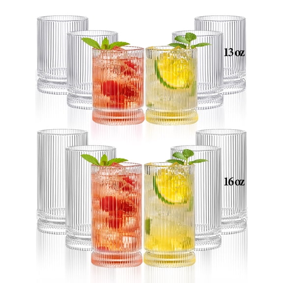 Ribbed Glassware Vintage Drinking Glasses 12Pcs - 6 Ribbed Tall Glasses 16Oz And 6 Ribbed Short Glasses 13Oz, Clear Glassware For Coffee, Cocktails, Smoothies, Juice, Beer, Water