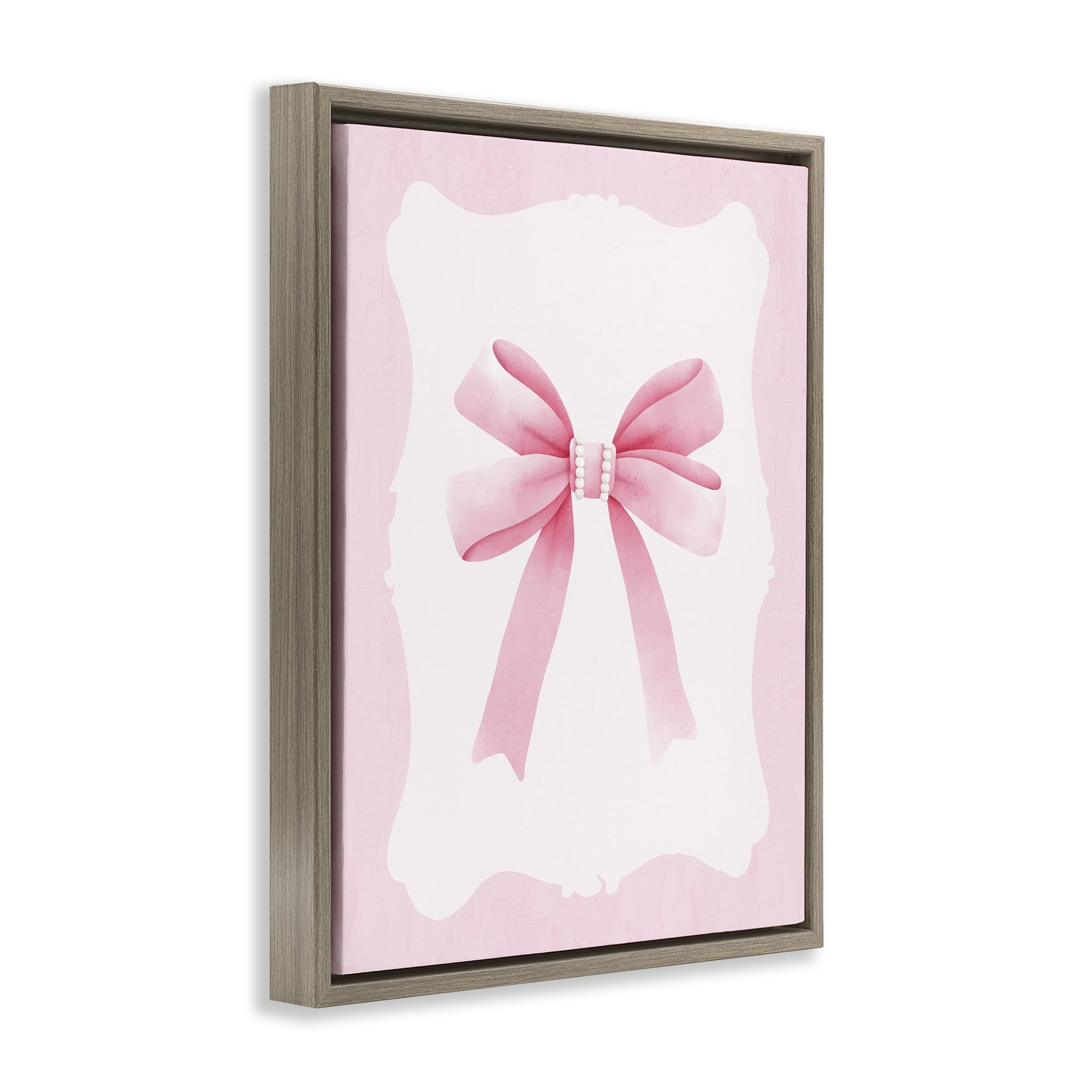 Stupell Industries Feminine Bow with Pearls Brown Framed Floater Canvas Wall Art, design by Kim Allen