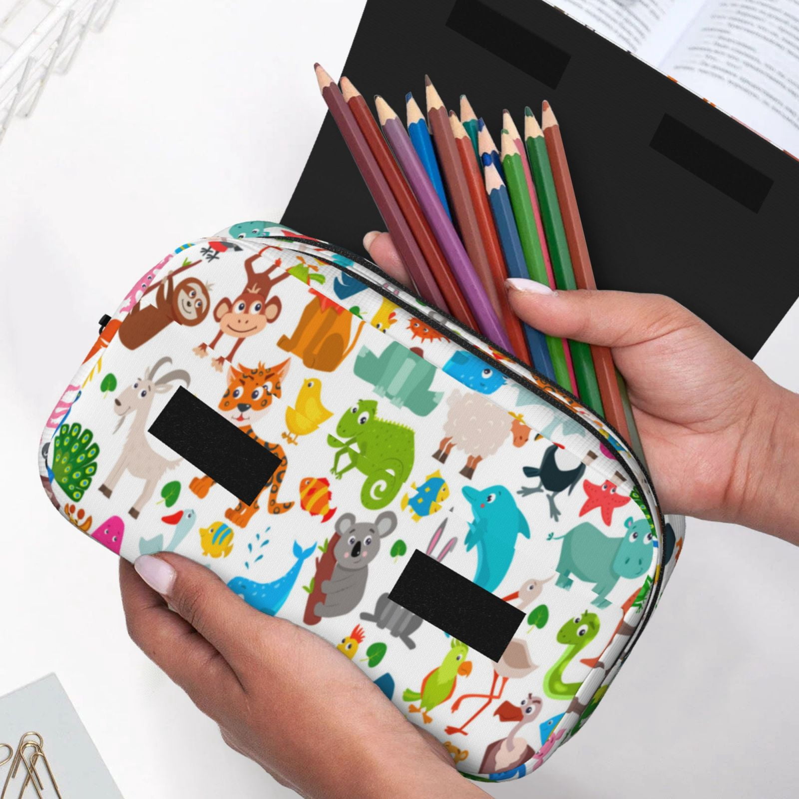 Rateoe Animals Pattern Double Clamshell Pen Case, Storage Organizer with Two Zipper Compartments– Holds Up to 50 Pencils & Pens