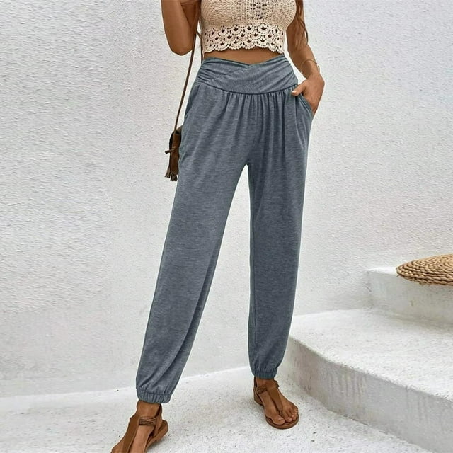 Ladies Basic Pants Slim Fit Casual Style Elastic Waist Solid Color Sports Outfit