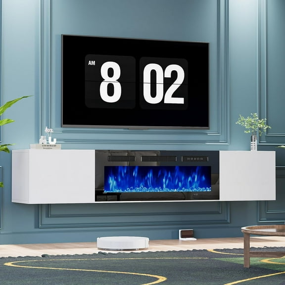 MXV 70'' Floating TV Stand with 36" Electric Fireplace, Entertainment Center Wall Mounted, Modern Wood Media TV Console with Fireplace, Floating TV Cabinet, White Black