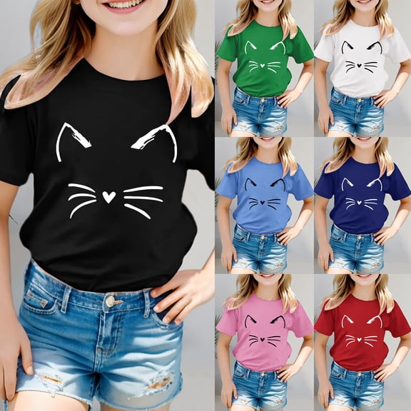 Weebloom Kids Girls T Shirts Boys Cat Prints Short Sleeve Cat Prints Tops Clothes Tees For Toddler Youth Teen T Shirt 3-12 Years