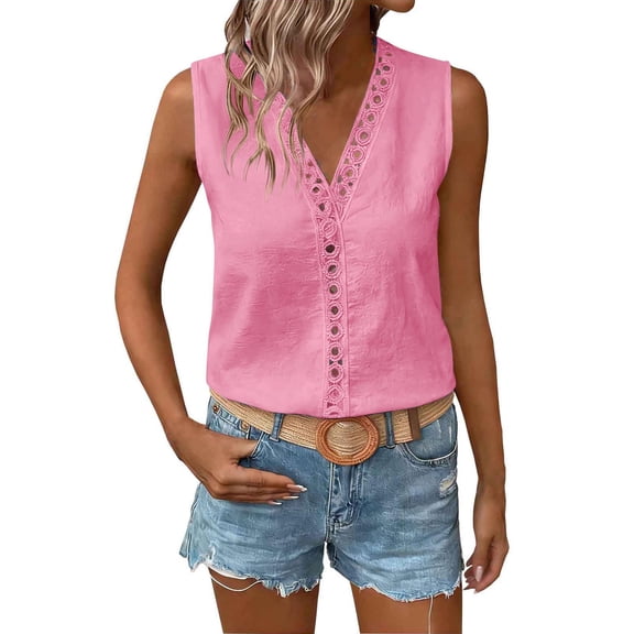 Craaazy Women's Breathable Cotton Sleeveless V-Neck Blouse, Hollow Lace Trim Casual Tank Top for Spring & Summer Gatherings Gifts