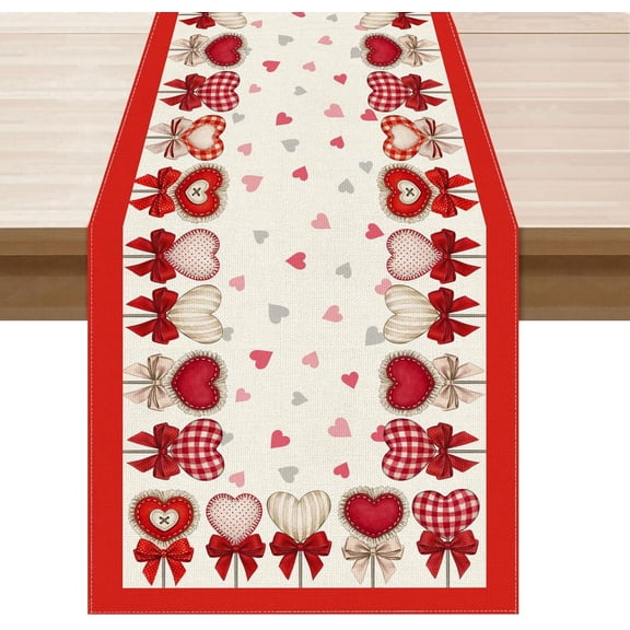 Romantic Valentines Day Bow Love Hearts Cloth Table Runner Burlap Table Decoration for Home Kitchen Dining Dinner Indoor Holiday Farmhouse Decor 13.8x90 Inch