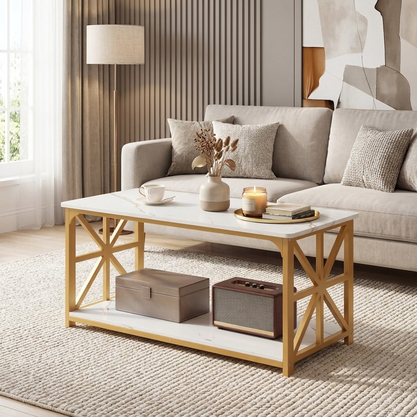 Furnibear 2-Tier Modern Center Coffee Table with Bottom Storage Shelf and Gold X-Accent Carbon Steel Frame for Living Room, White