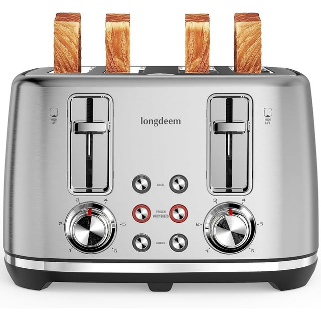 LONGDEEM 4 Slice Toaster, Stainless Steel Toaster with 6 Browning Options, 1.6''Wide Slots with Cancel/Defrost/Reheat Functions, High Lift Lever, Dual Controls, Silver