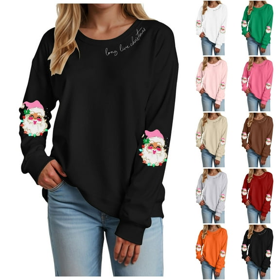 TTUHYWXI Retro Santa Sweatshirt for Women Vintage Christmas Fleece Linend Sweaters Crewneck Oversized Long Sleeve Tops (Pink, L)