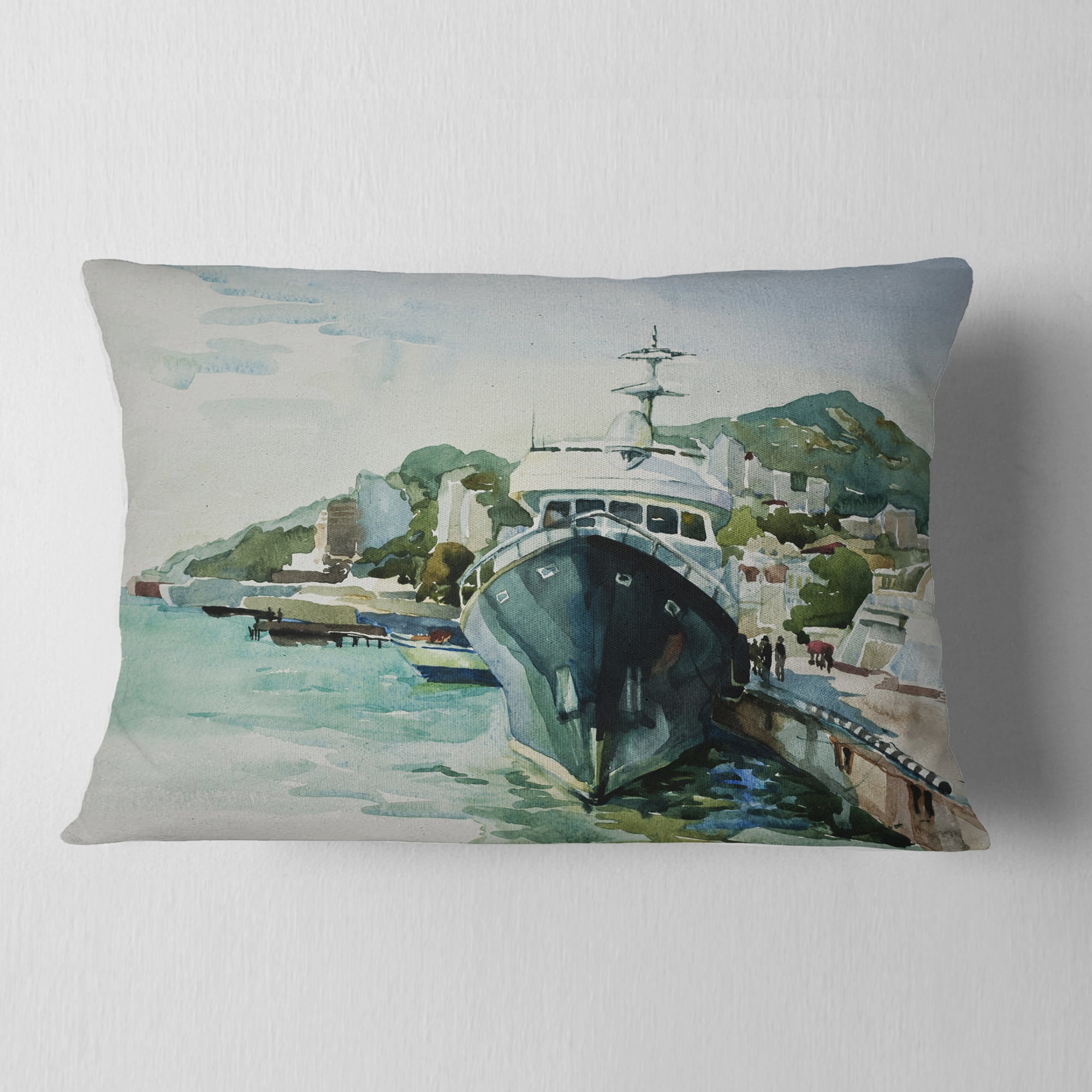 Designart Yacht in Port Yalta - Landscape Printed Throw Pillow - 12x20
