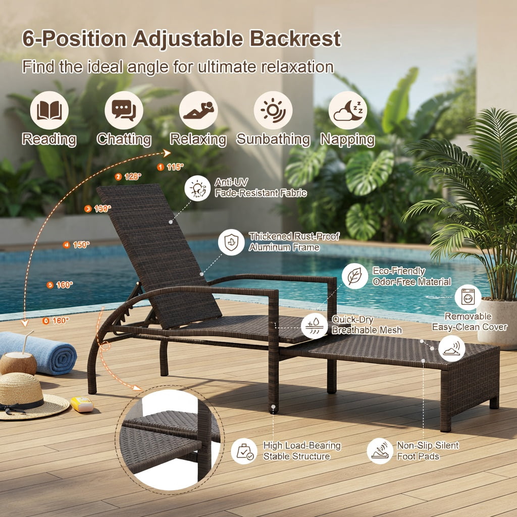 Hommoo Outdoor Wicker Chaise Lounge Chair with Retractable Ottoman, Adjustable 6-Position Backrest, PE Rattan & Steel Frame, Patio Lounger for Backyard, Poolside & Porch, Brown