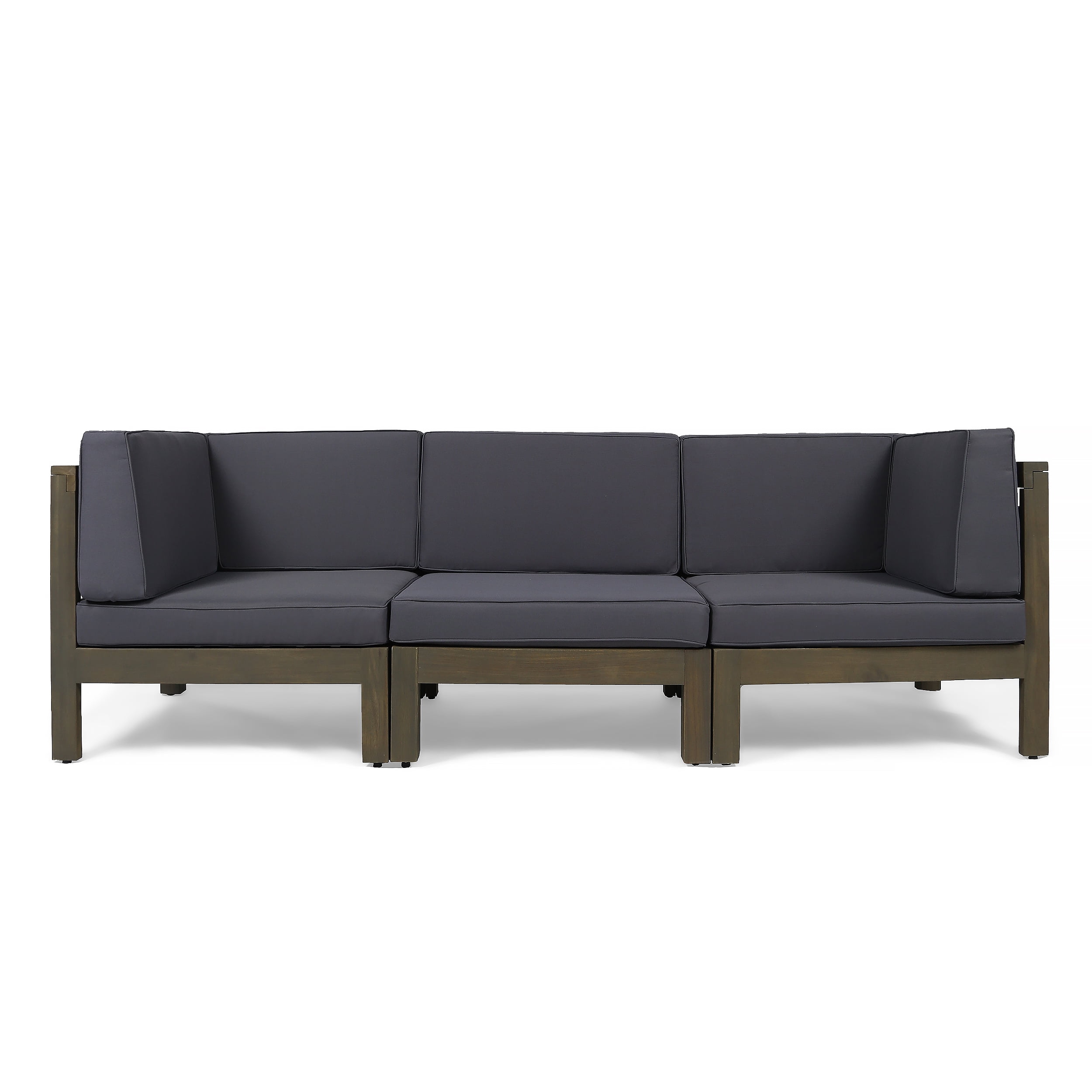Frankie Outdoor Acacia Wood Sectional Sofa with Cushions, Gray, Dark Gray