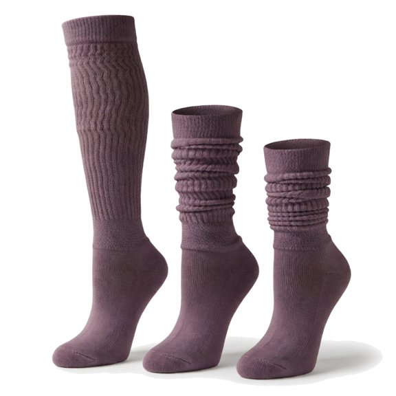 AWS/American Made 2 Pairs Heavyweight Slouch Socks Women, Purple Cotton Knee High Mid Calf Boot Scrunch Socks, Retro 80s 90s, Size 5-10
