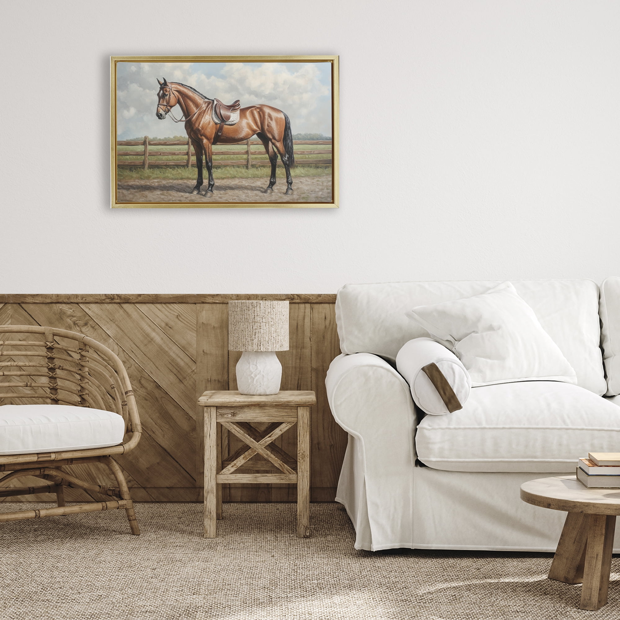 Stupell Industries Sunshine Pony on Farm Path Gold Framed Floater Canvas Wall Art, design by Petal Prints Design