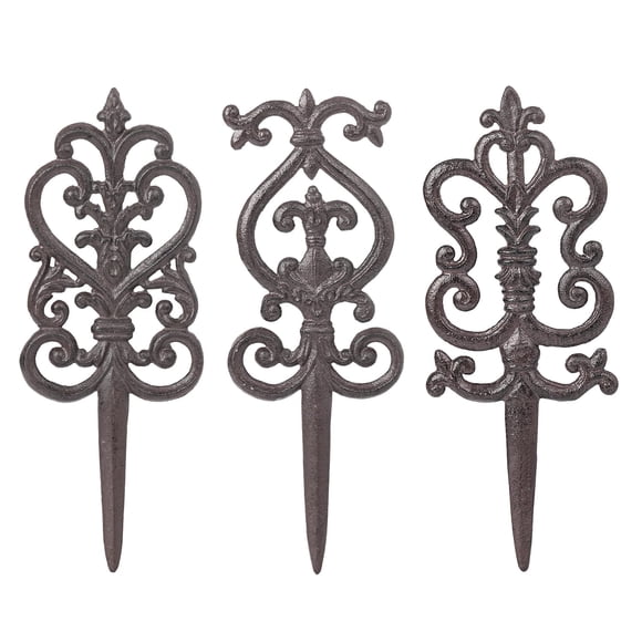 Sungmor Estacas Jardín Hierro Fundido Vintage - 3 pzas Estacas Planta Metal ornamentadas p/ arte de patio, terraza y césped, 5.3" alto, acabado negro antiguo, decoración de jardín exquisita