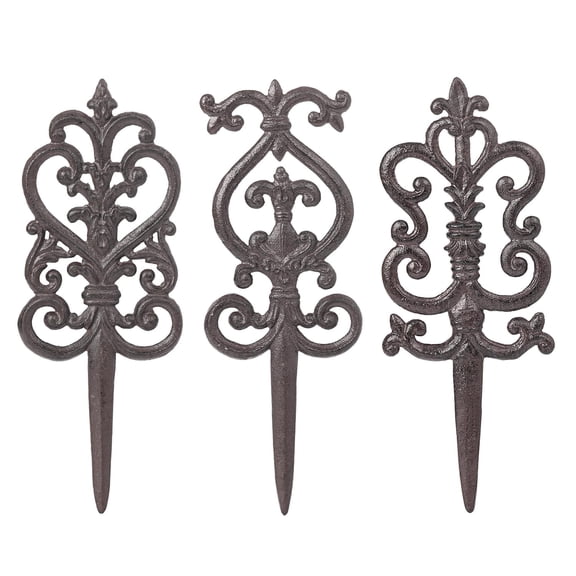 Sungmor Vintage Cast Iron Garden Stakes - 3PCS Ornate Metal Plant Stakes for Yard Art, Patio,Lawn Ornamentation,5.3inch Tall Antique Black Finish,Exquisite Garden Decor