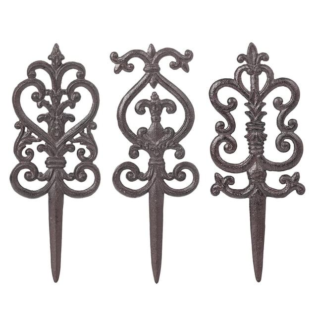 Sungmor Estacas Jardín Hierro Fundido Vintage - 3 pzas Estacas Planta Metal ornamentadas p/ arte de patio, terraza y césped, 5.3" alto, acabado negro antiguo, decoración de jardín exquisita